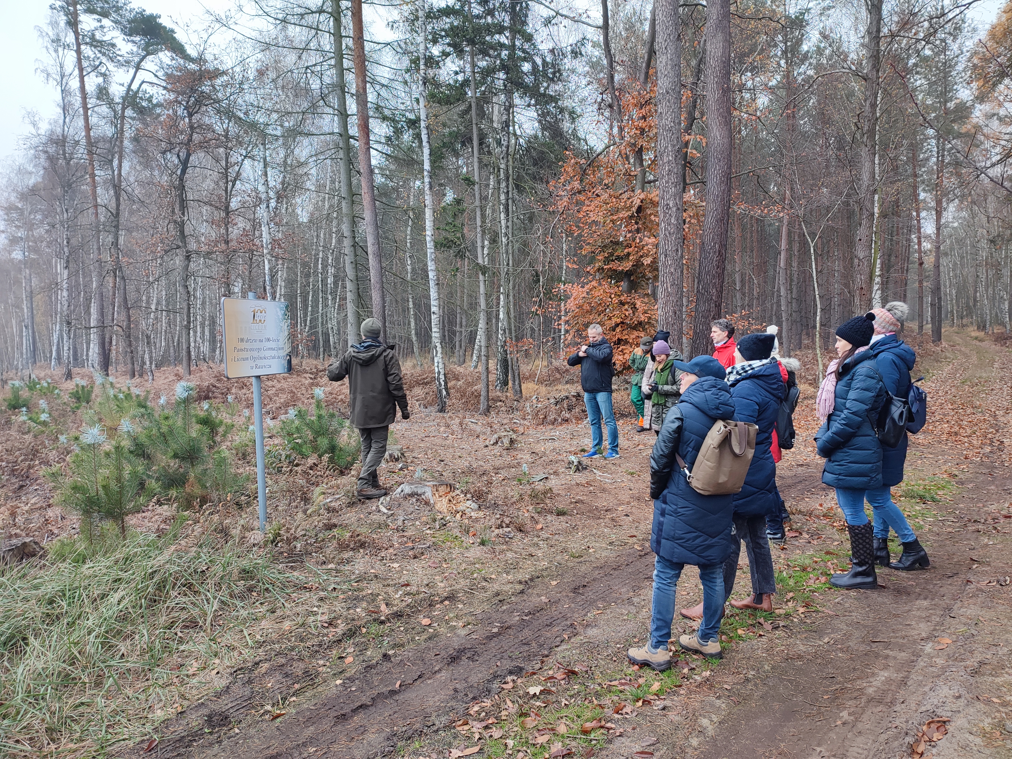 Zdjęcie przedstawia uczestników spotkania podczas omawiania zagadnień związanych z odnawianiem lasu, w miejscach, w których wcześniej został wycięty. 