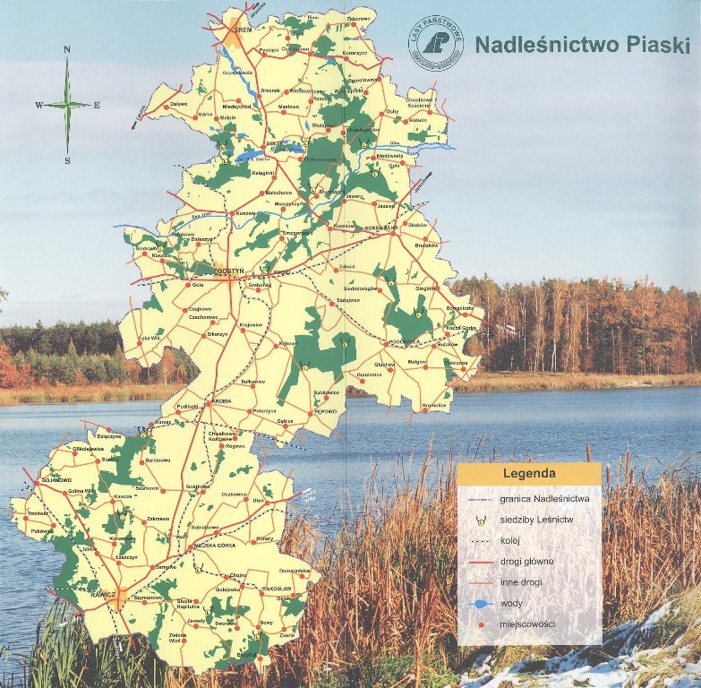 Grafika przedstawia mapę Nadleśnictwa Piaski 