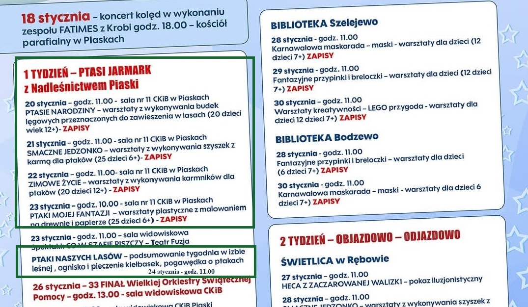 Zdjęcie przedstawia fragment plakatu "Ferii z naturą" z zaznaczonymi zajęciami prowadzonymi przez Nadleśnictwo Piaski (źródło: CKiB Piaski) 