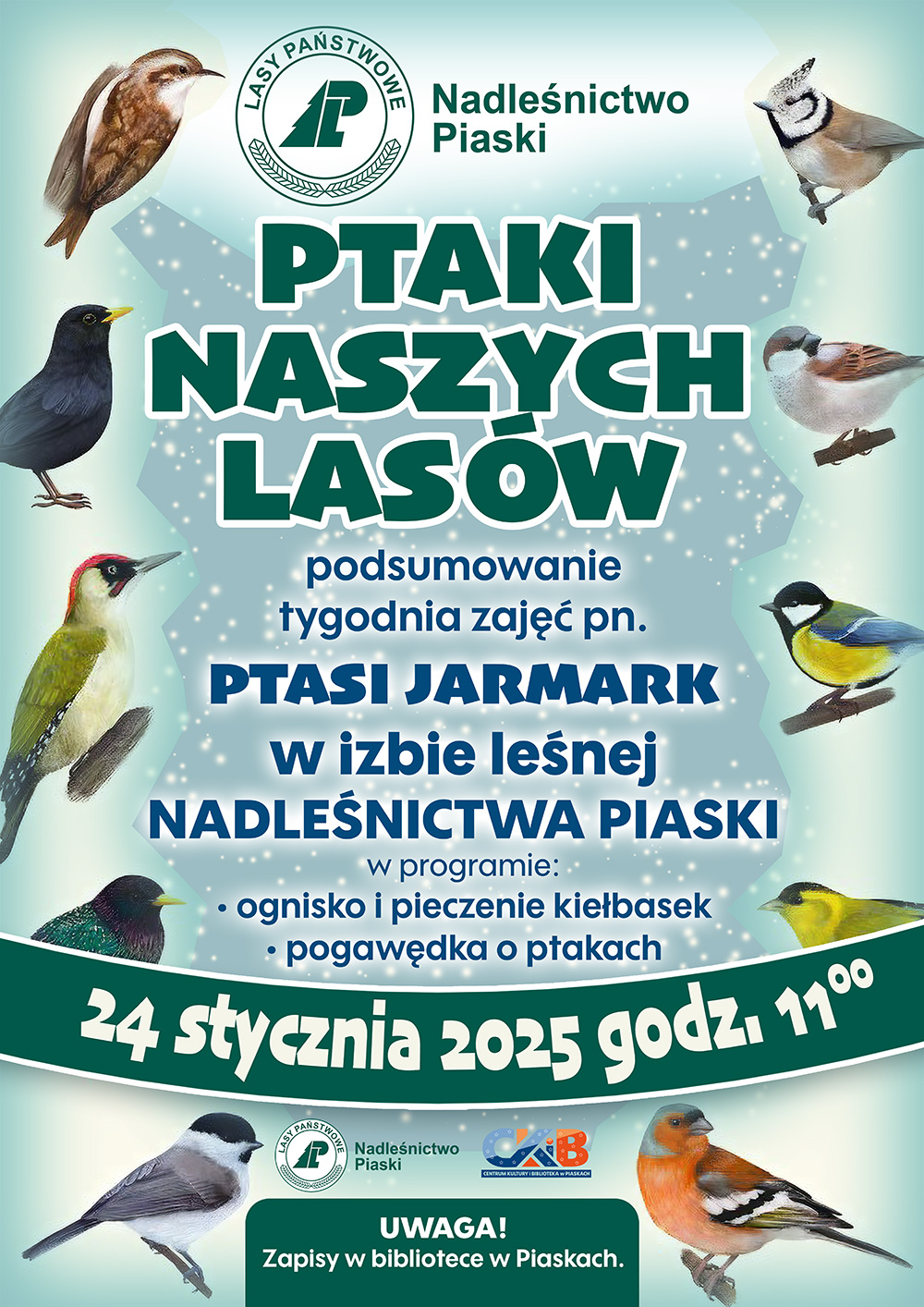 Plakat - zaproszenie na podsumowanie zajęć edukacyjnych "Ferie z naturą" (źródło: CKiB Piaski)