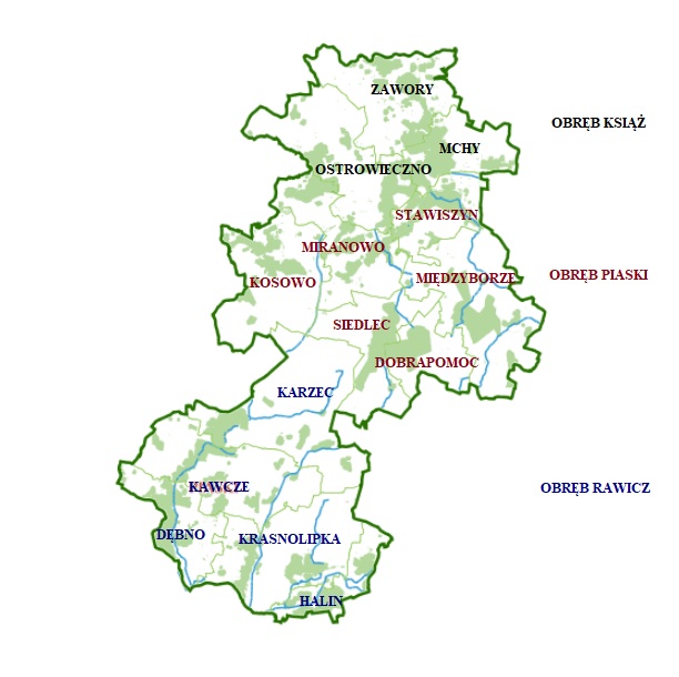 Grafika przedstawia mapę Nadleśnictwa Piaski z aktualnym podziałem na obręby i leśnictwa 