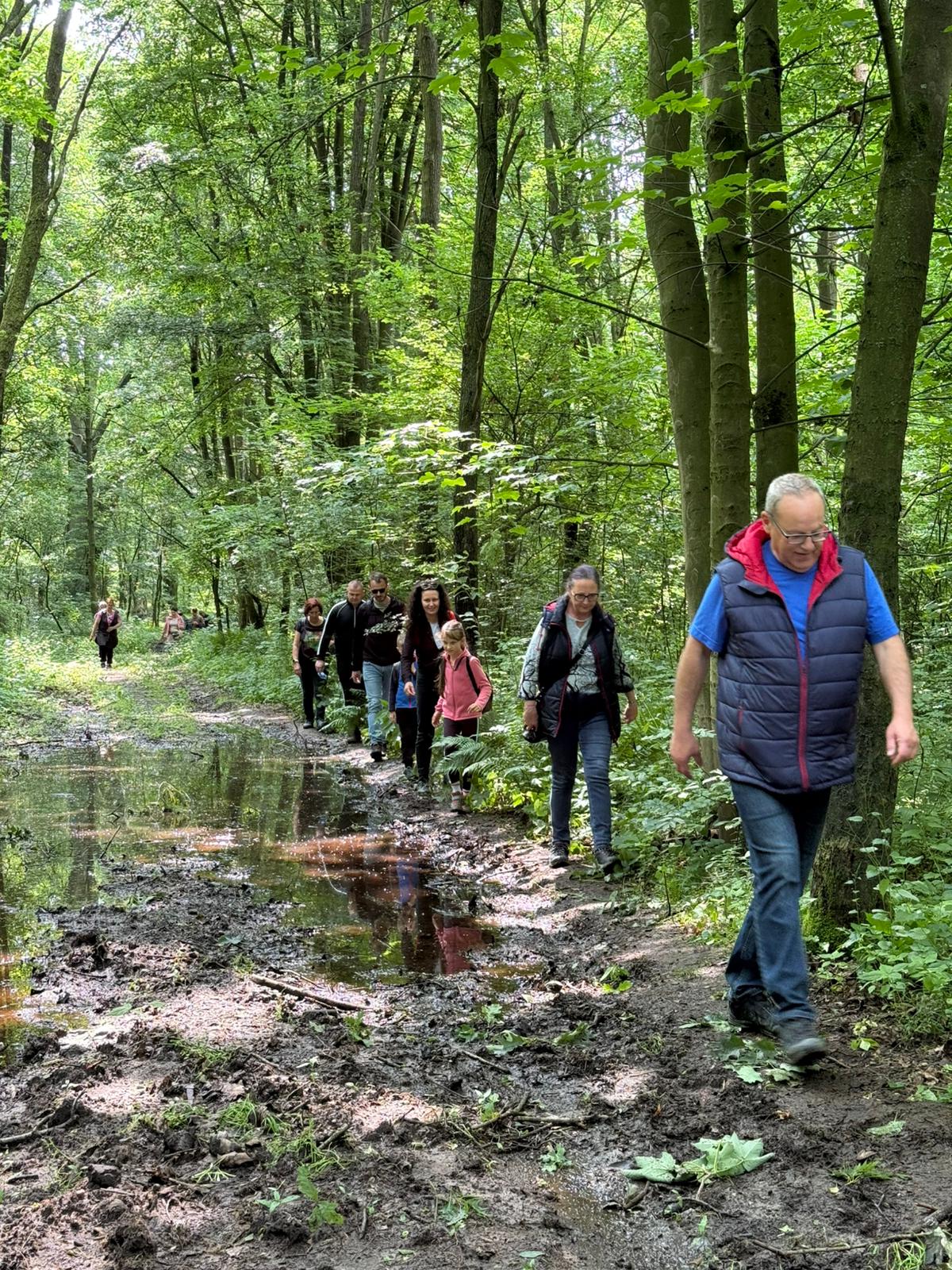 Zdjęcie przedstawia ludzi idących leśną ścieżką, obok kałuży wody, w tle las. (fot. archiwum nadleśnictwa, Z. Rokosa)