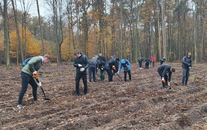 Zdjęcie&#x20;przedstawia&#x20;uczniów&#x20;technikum&#x2c;&#x20;wysiewających&#x20;żołędzie&#x20;na&#x20;przygotowanej&#x20;powierzchni&#x20;&#x28;fot&#x2e;&#x20;archiwum&#x20;nadleśnictwa&#x2c;&#x20;M&#x2e;&#x20;Prętkowska&#x29;